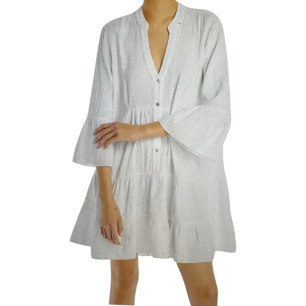 Faherty Dress Small Kasey Cotton Gauze Casey Tiered Ruffle Bell 3/4 Sleeves